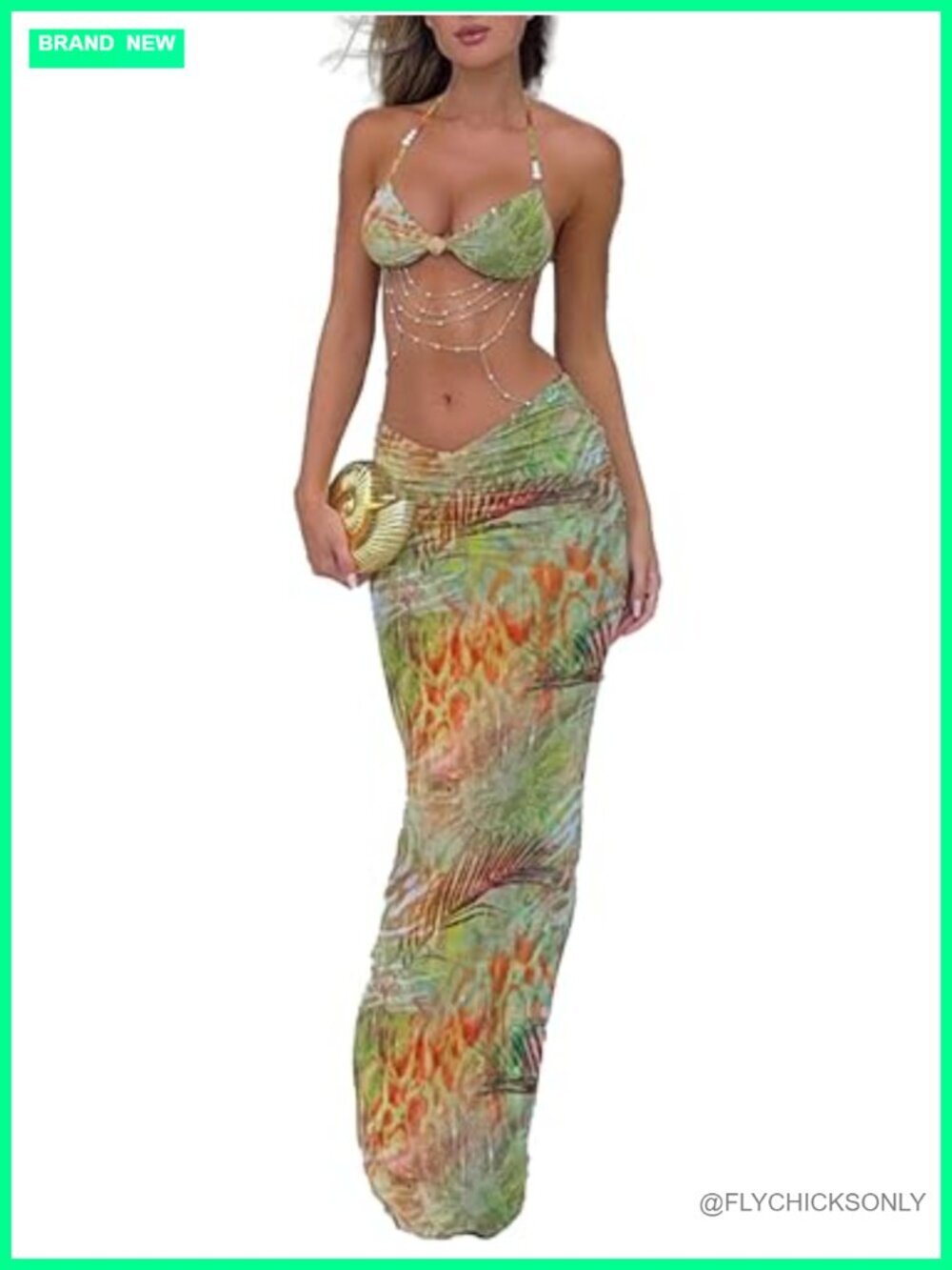 Two Piece Maxi Skirt Set Ruched Backless Pearls Chain Crop Top Cut Out Skirt
